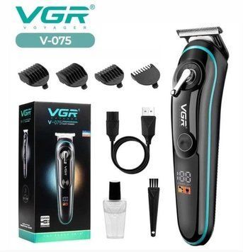 Аккумуляторная машинка триммер для стрижки волос и бороды VGR V 075 со сменными насадками и индикатором заряда Черный V 075 фото