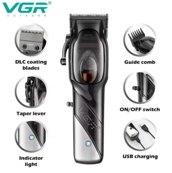 Машинка для стрижки VGR V 002 акумуляторна з зарядною підставкою та 4 насадками Чорна V 002 фото