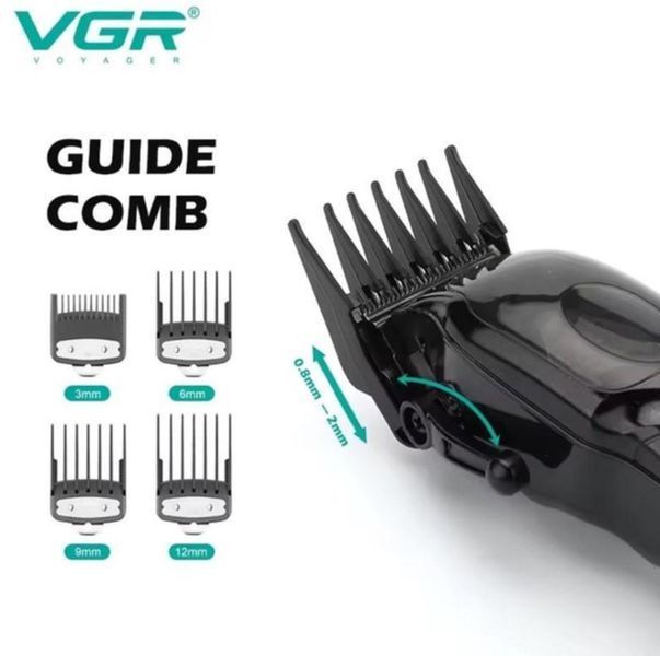 Машинка для стрижки VGR V 002 акумуляторна з зарядною підставкою та 4 насадками Чорна V 002 фото